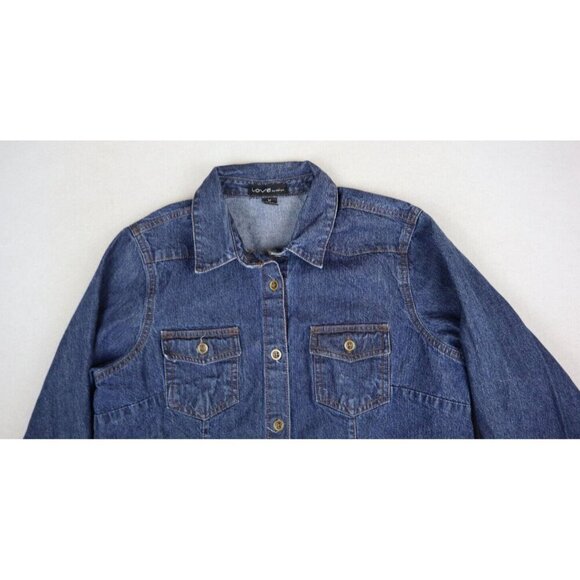 WOMEN'S DARK WASH DENIM TUNIC SHIRT DRESS - LONG SLEEVE - LOVE BY CHESLEY - M - Picture 6 of 10